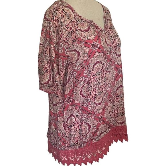 Medium, Pink Paisley w/ Bottom Lace Trim & Flutter Sleeves, Notch V Neck Top - Picture 3 of 5